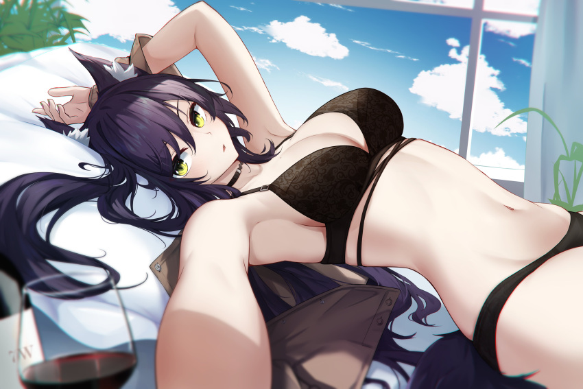 1girl absurdres alcohol animal_ear_fluff animal_ears armpits bangs black_bra black_choker black_hair black_panties bra breasts brown_jacket choker cloud commentary cup curtains day drinking_glass fox_ears fox_girl hair_between_eyes highres jacket large_breasts long_hair long_sleeves looking_at_viewer lying meridian_project mole mole_on_breast navel on_back open_clothes open_jacket panties parted_lips pillow plant potted_plant seki_(vtuber) selfie solo stomach tokyo_(1421) underwear underwear_only virtual_youtuber window wine wine_glass yellow_eyes
