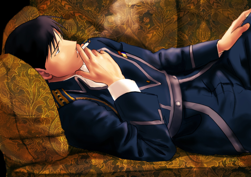 1boy aiguillette amestris_military_uniform bangs black_background black_eyes black_hair blue_jacket blue_pants cigarette collared_shirt couch dark_background dress_shirt embers expressionless feet_out_of_frame fingernails from_side fullmetal_alchemist half-closed_eyes hand_on_own_knee hand_to_own_mouth hand_up highres holding holding_cigarette jacket knee_up leaf_print long_sleeves looking_afar lying male_focus military military_jacket military_uniform on_back on_couch pants parted_lips profile roy_mustang shadow shirt silver_trim simple_background smoke smoking spiked_hair swept_bangs tsurime uniform unmoving_pattern urikurage white_shirt wing_collar