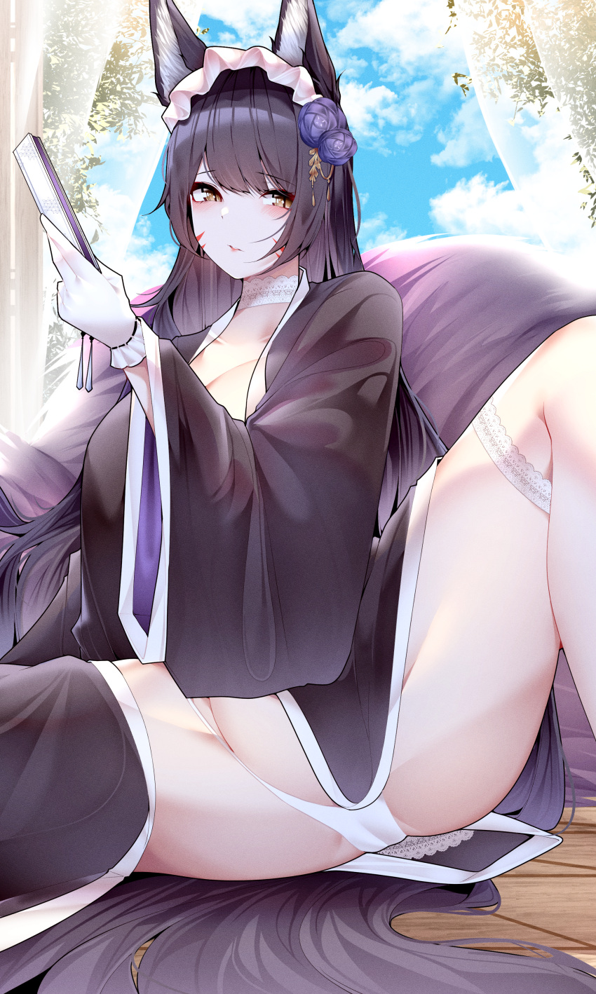 absurdres animal_ears azur_lane black_kimono breasts brown_eyes cleavage facial_mark flower folding_fan fox_ears fox_girl fox_tail frilled_hairband frills gloves hairband hand_fan highres holding holding_fan japanese_clothes kimono kitsune knee_up large_breasts long_hair musashi_(azur_lane) musashi_(violet_moonglow)_(azur_lane) official_alternate_costume open_clothes open_kimono panties purple_flower purple_hair samip sitting spread_legs tail thighs underwear very_long_hair wa_maid whisker_markings white_gloves