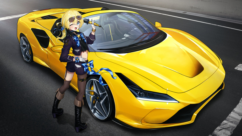 1girl ;d asymmetrical_legwear blue_bow blue_eyes blue_ribbon boots bow car gloves ground_vehicle hair_ornament highres holding holding_microphone looking_at_viewer looking_back microphone midriff motor_vehicle one_eye_closed ribbon shinengumi single_thighhigh smile solo sports_car star_(symbol) star_hair_ornament sunglasses suzukaze_shitora thighhighs tinted_eyewear uneven_legwear virtual_youtuber white_gloves you'a