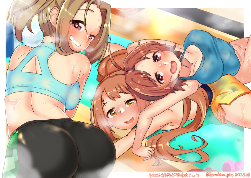 3girls absurdres back bangs blonde_hair blush breasts brown_hair check_commentary cleavage collarbone commentary_request dripping exercise floor from_above heart heart-shaped_pupils heavy_breathing highres idolmaster idolmaster_cinderella_girls indoors kurushima_gire large_breasts long_hair looking_at_viewer looking_back manabe_itsuki mat multiple_girls no_pants on_floor one_eye_closed open_mouth parted_bangs pink_eyes ponytail red_eyes saito_yoko short_hair shorts signature sleeveless smile sports_bra stain steam stretching sweat sweaty_clothes symbol-shaped_pupils tank_top topless towel wakabayashi_tomoka wet wet_hair yellow_eyes yoga_mat