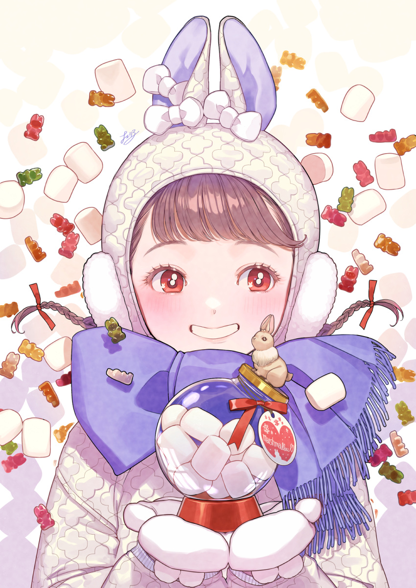 1girl animal_ears animal_hat bangs blue_scarf blush bow braid brown_hair bunny_hat candy cherico commentary_request eyelashes fake_animal_ears floating_hair food grin gummy_bear hands_up hat highres holding holding_jar jacket jar long_sleeves looking_at_viewer marshmallow medium_hair mittens original puffy_long_sleeves puffy_sleeves rabbit rabbit_ears red_eyes red_ribbon ribbon scarf smile solo swept_bangs tag teeth twin_braids upper_body white_background white_bow white_headwear white_jacket white_mittens