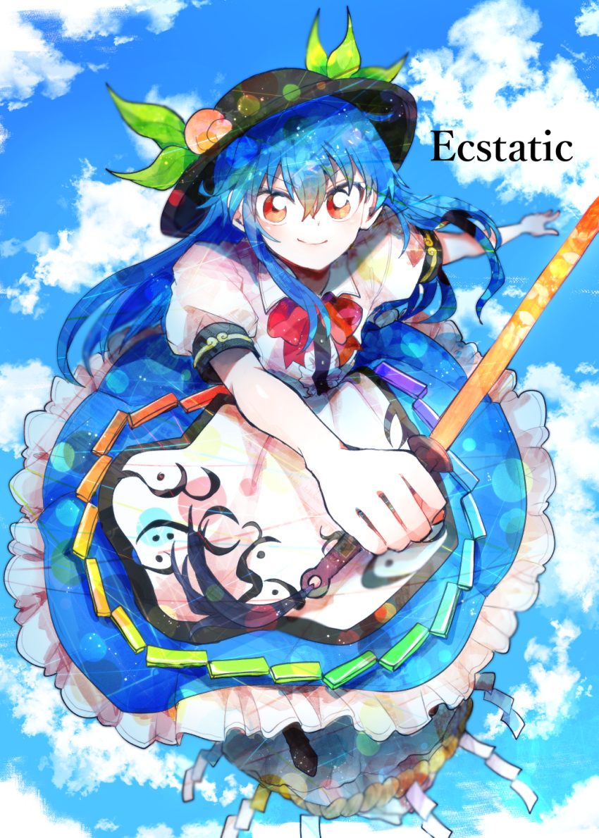 1girl black_headwear blue_hair blue_skirt closed_mouth collared_shirt frilled_skirt frills hair_between_eyes hat highres hinanawi_tenshi holding holding_sword holding_weapon itomugi-kun long_hair puffy_short_sleeves puffy_sleeves rainbow_order red_eyes shirt short_sleeves skirt smile solo sword sword_of_hisou touhou weapon white_shirt