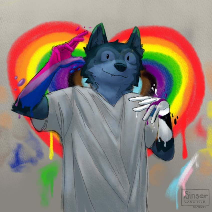 &lt;3 anthro bisexual_pride_colors blue_body blue_fur canid canine canis clothing colored colored_sketch demisexual_pride_colors digital_drawing_(artwork) digital_media_(artwork) fur green_body green_fur grey_wall hi_res ink lgbt_pride male mammal paint pride_colors rainbow rainbow_pride_colors shaded shirt sinser sketch smile solo topwear transexual_pride_colors wall_(structure) wall_art white_clothing white_shirt white_topwear wolf