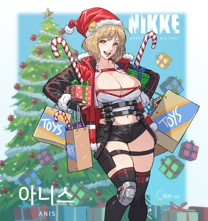 1girl absurdres ahoge ammunition_belt anis_(nikke) bag black_gloves black_jacket black_shorts black_thighhighs breasts brown_hair candy candy_cane carrying carrying_under_arm character_name christmas christmas_tree cirenk commission fingerless_gloves food fur_collar fur_trim gloves goddess_of_victory:_nikke hat highres jacket knee_pads large_breasts leather leather_jacket lips multicolored_clothes multicolored_jacket navel open_clothes open_jacket open_mouth over-kneehighs red_jacket santa_hat shopping_bag short_hair short_shorts shorts shotgun_shell single_knee_pad smile solo teeth thigh_pouch thigh_strap thighhighs two-tone_jacket upper_teeth_only vest white_vest yellow_eyes