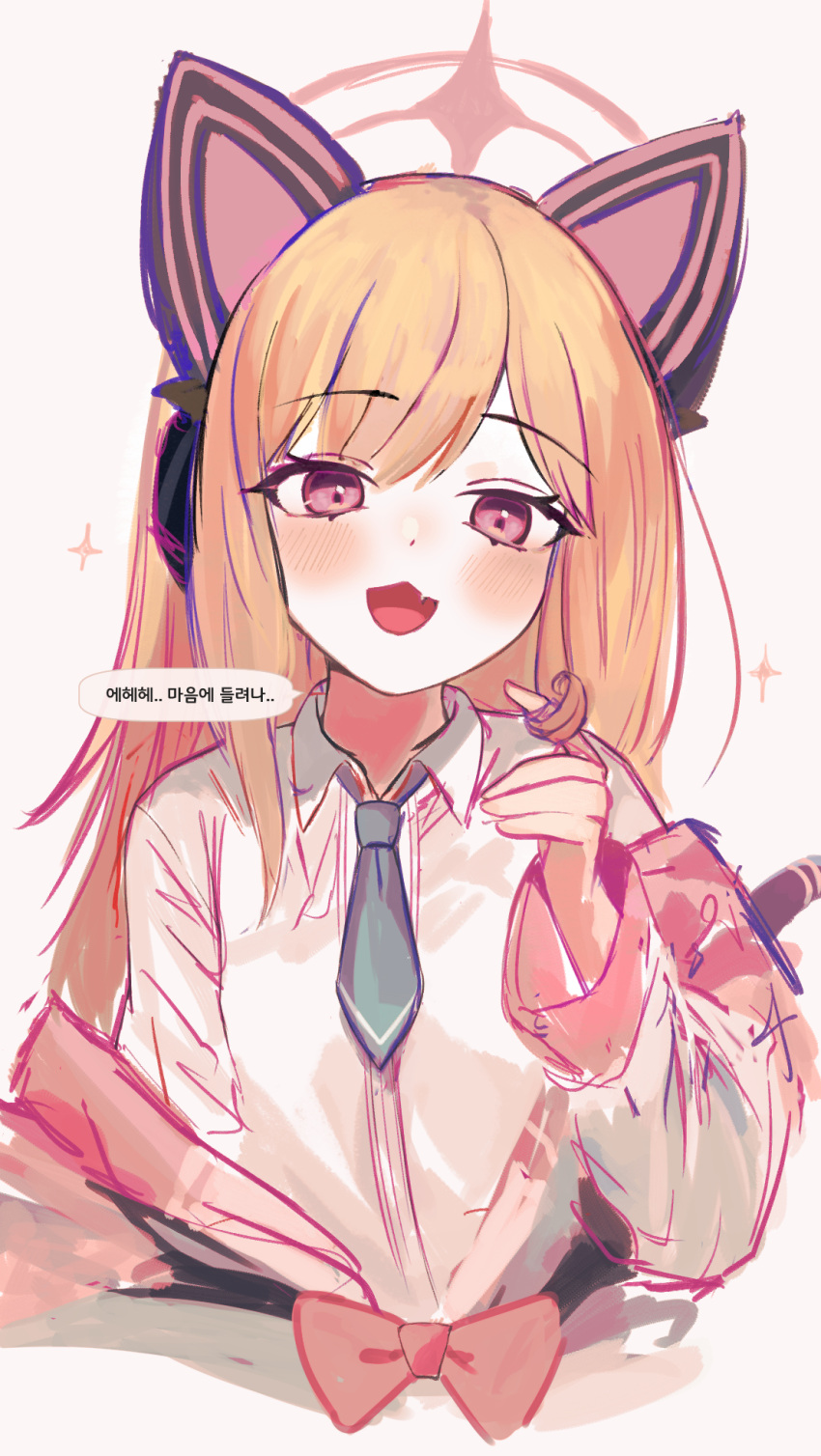 1girl alternate_hair_length alternate_hairstyle animal_ear_headphones animal_ears blonde_hair blue_archive blue_necktie blush cat_ear_headphones chestnut_mouth collared_shirt cropped_torso fake_animal_ears fang hair_twirling halo headphones highres long_hair looking_at_viewer momoi_(blue_archive) necktie off_shoulder pink_eyes ran_(bearsoymilk) shirt short_necktie simple_background sketch skin_fang solo white_shirt