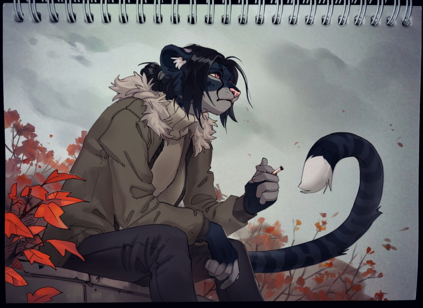 5_fingers anthro black_hair clothed clothing felid feline female fingers hair mammal orange_eyes orphen-sirius sitting traditional_media_(artwork)