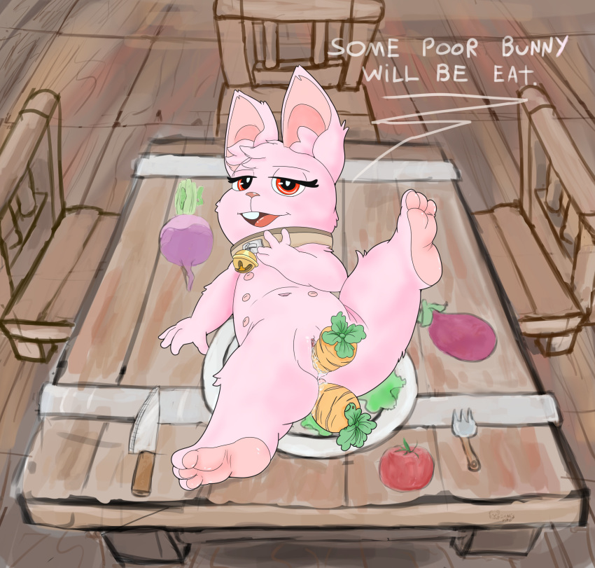 absurd_res ambiguous_fluids anal anal_penetration bell bodily_fluids bunny_girl carrot carrot_dildo collar colored fan_character feet female food furniture genital_fluids genitals hi_res hindpaw lagomorph leporid looking_at_viewer mammal multi_nipple nipples paws penetrable_sex_toy penetration plant pussy pussy_juice rabbit salad sanispifo sex_toy solo solo_focus table text vaginal vaginal_penetration vegetable young young_girl