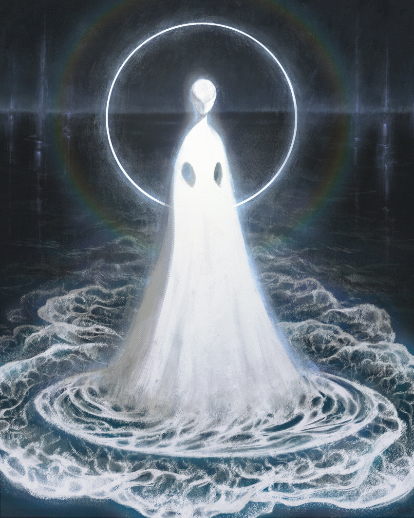1other absurdres baishizzz facing_viewer full_body glowing halo highres horizon houseki_no_kuni long_sleeves nature night night_sky ocean other_focus outdoors phosphophyllite phosphophyllite_(10000) robe sky solo spoilers standing standing_on_liquid waves white_robe
