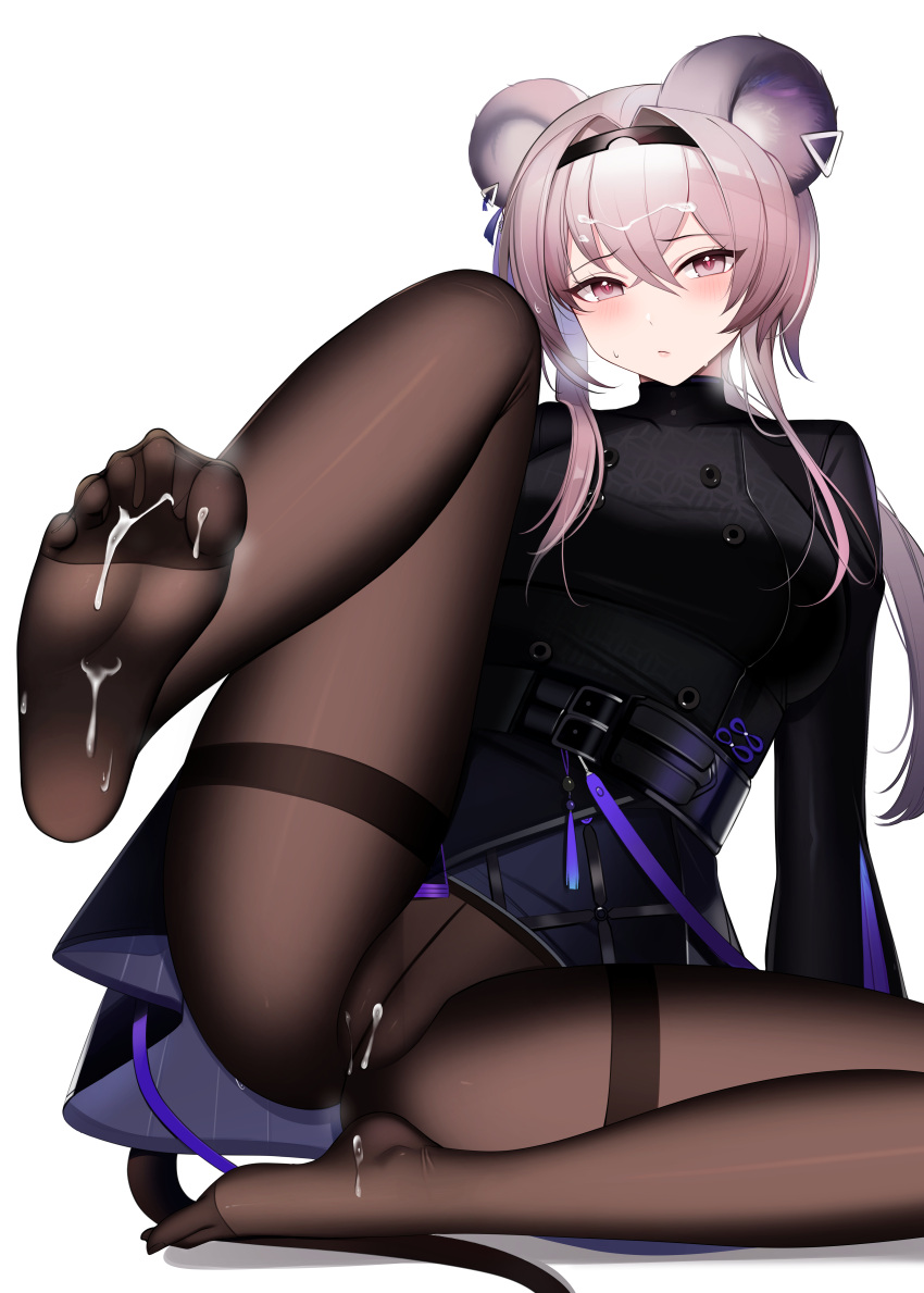 1girl absurdres animal_ears arknights ateoyh belt black_belt black_coat black_hairband blush breasts breath brown_pantyhose buttons cameltoe chinese_commentary closed_mouth coat crotch_seam cum cum_on_body cum_on_clothes cum_on_feet cum_on_hair double-breasted earclip embarrassed feet foot_focus frown full_body furrowed_brow grey_hair hair_between_eyes hair_intakes hairband heart heart-shaped_pupils heavy_breathing highres lin_(arknights) looking_at_viewer medium_breasts mouse_ears mouse_girl multiple_belts no_pants no_shoes pantyhose ponytail purple_eyes short_hair_with_long_locks sidelocks simple_background sitting solo spread_legs steaming_body sweatdrop symbol-shaped_pupils tassel thighband_pantyhose white_background
