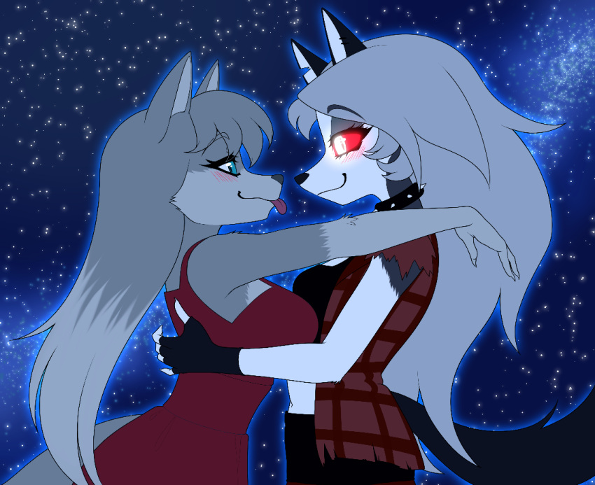 2023 anthro black_body black_collar black_fur black_nose blue_eyes canid canid_demon canine canis clothing collar demon digital_drawing_(artwork) digital_media_(artwork) dress duo female fur grey_body grey_fur grey_hair hair hellhound helluva_boss long_hair loona_(helluva_boss) mammal multicolored_body multicolored_fur night red_clothing red_dress red_sclera sky spiked_collar spikes star starry_sky tongue tongue_out topwear vest weewoo white_body white_eyes white_fur wolf