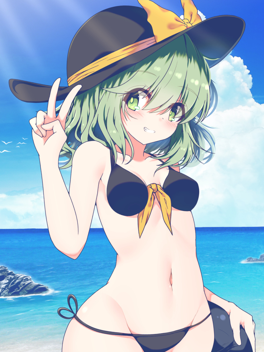 1girl bikini bird black_bikini black_headwear bow bright_pupils eyeball front-tie_top green_eyes green_hair grin hand_up hat hat_bow hat_ribbon highres horizon koishi_day komeiji_koishi medium_hair ocean rankasei ribbon seagull side-tie_bikini_bottom smile solo swimsuit third_eye touhou v water wavy_hair yellow_bow yellow_ribbon