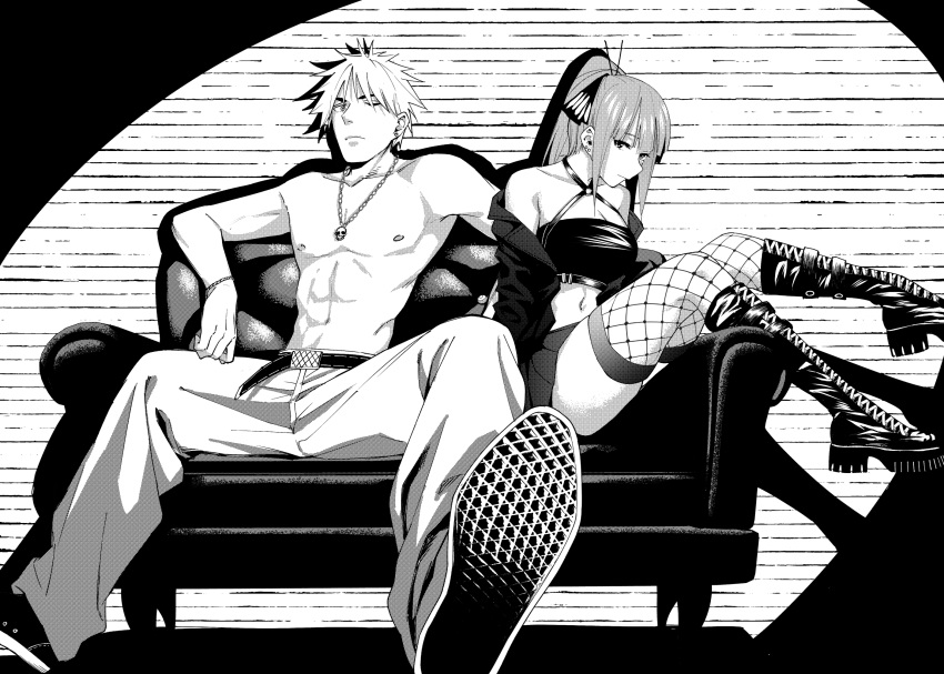 1boy 1girl abs bangs bare_arms bare_shoulders belt black_belt black_crop_top black_footwear black_jacket bleached_hair blunt_bangs boots breasts butterfly_hair_ornament cleavage closed_mouth collarbone combat_boots commentary couch earrings expressionless fishnet_thighhighs fishnets full_body go-toubun_no_hanayome hair_ornament highres indoors jacket jewelry knee_boots knees_up kosmos_beta large_breasts long_legs looking_at_viewer medium_hair miniskirt monochrome nakano_nino navel necklace nipples nose o-ring o-ring_top off_shoulder on_couch one_eye_closed open_clothes open_jacket pants pleated_skirt ponytail short_hair sidelocks simple_background sitting skirt skull_necklace spotlight stomach stud_earrings thighhighs thighs topless_male uesugi_fuutarou white_background