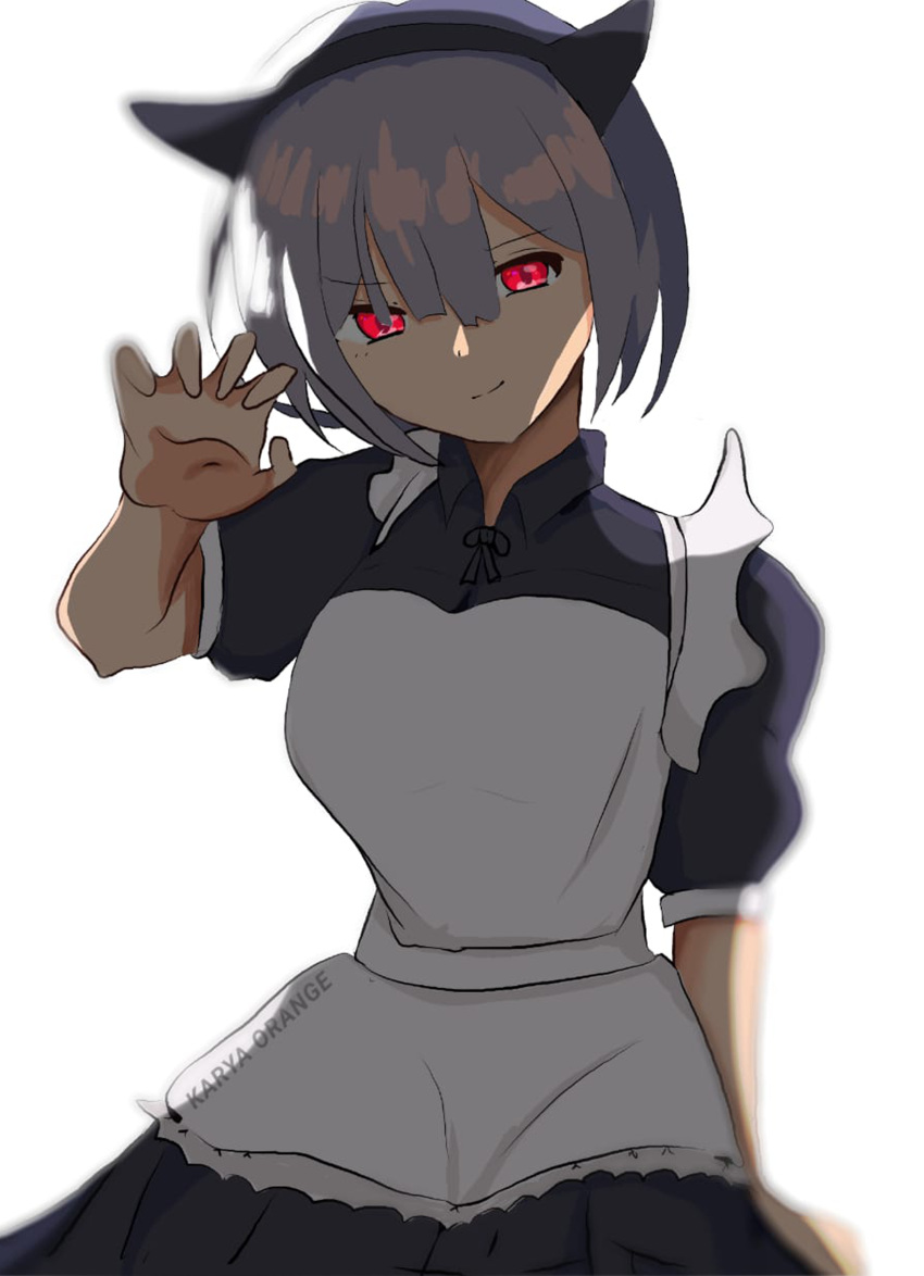 1girl absurdres apron frilled_apron frills highres karyaorange looking_at_viewer maid maid_apron maid_headdress non-web_source original paw_pose red_eyes self_upload smile solo waist_apron white_hair