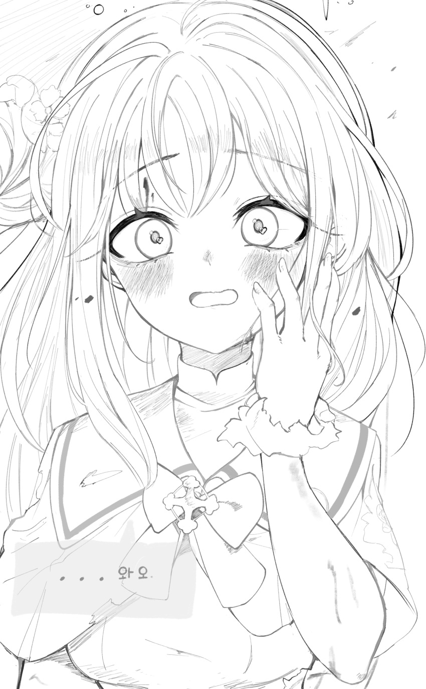 1girl absurdres blue_archive blush bow bowtie capelet greyscale hair_bun hand_on_own_face hand_up highres korean_commentary long_hair looking_at_viewer mika_(blue_archive) monochrome open_mouth ran_(bearsoymilk) scratches scrunchie simple_background single_side_bun sketch solo wrist_scrunchie