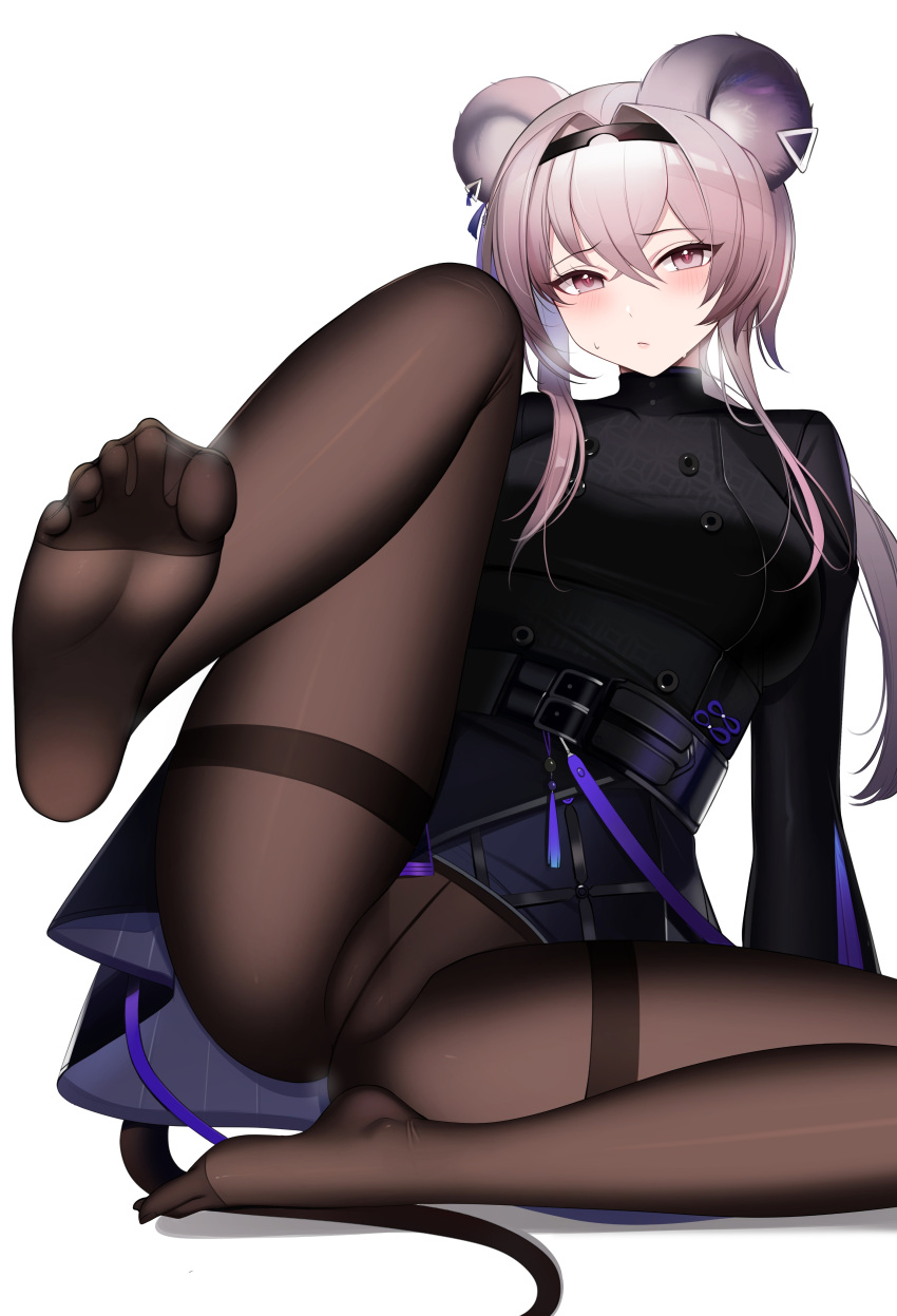 1girl absurdres animal_ears arknights ateoyh belt black_belt black_coat black_hairband blush breasts breath brown_pantyhose buttons cameltoe chinese_commentary closed_mouth coat crotch_seam double-breasted earclip embarrassed feet foot_focus frown full_body furrowed_brow grey_hair hair_between_eyes hair_intakes hairband heart heart-shaped_pupils heavy_breathing highres lin_(arknights) looking_at_viewer medium_breasts mouse_ears mouse_girl multiple_belts no_pants no_shoes pantyhose ponytail purple_eyes short_hair_with_long_locks sidelocks simple_background sitting solo spread_legs steaming_body sweatdrop symbol-shaped_pupils tassel thighband_pantyhose white_background