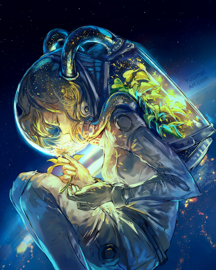 1girl astronaut blonde_hair closed_eyes earth_(planet) fishbowl_helmet floating flower ground_vehicle helmet highres holding holding_flower knees_up military military_vehicle motor_vehicle original planet plant solo space space_helmet spacesuit star_(sky) tank yuumei zero_gravity