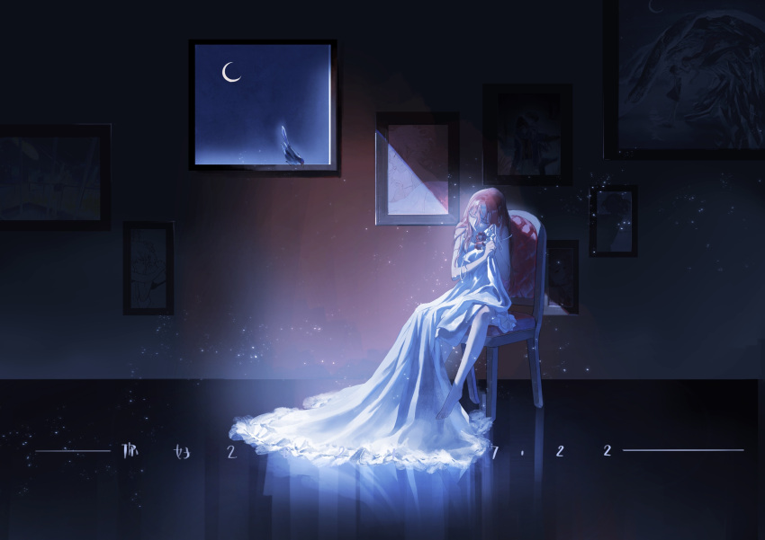 1girl absurdres animal artist_self-reference barefoot bird blue_theme chair closed_eyes crescent_moon dated dbly2015 dress full_body hands_up head_tilt highres holding holding_clothes holding_dress indoors light_particles long_hair moon night night_sky object_hug original picture_(object) picture_frame red_hair reflective_floor sad sitting sky solo white_dress window