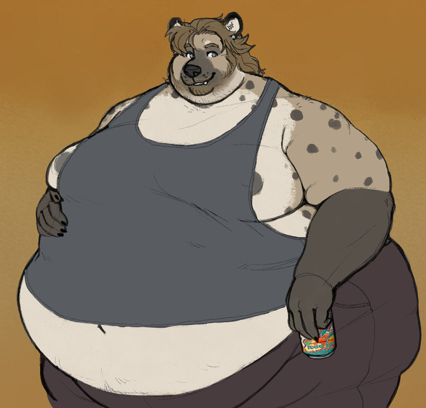 anthro areola areola_slip arizona_iced_tea belly beverage big_belly big_butt brown_hair butt claws clothed clothing double_chin ear_piercing fur hair hand_on_stomach holding_beverage holding_object hyena male mammal moobs navel obese obese_anthro obese_male overweight overweight_anthro overweight_male piercing shirt smile solo spots spotted_body spotted_fur spotted_hyena tan_body tan_fur tank_top topwear wide_hips yasano