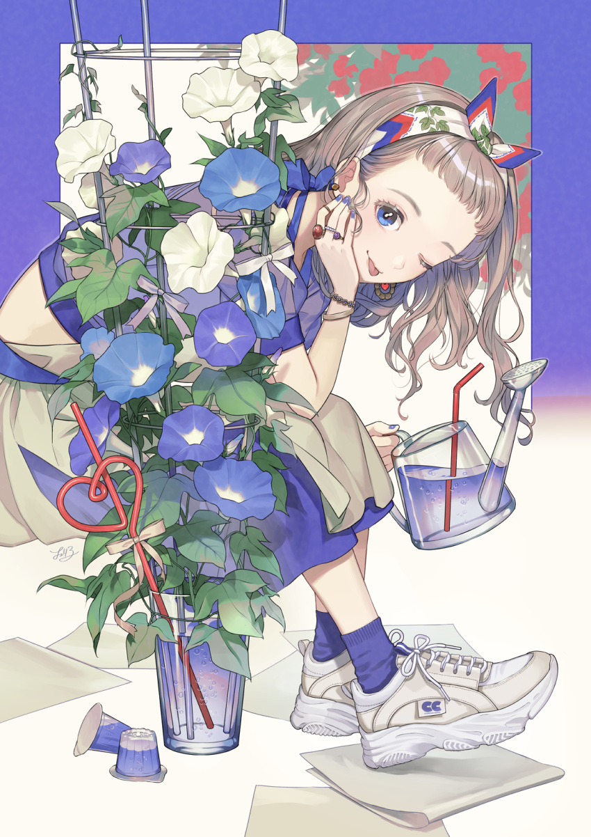 1girl ;p blue_border blue_eyes blue_flower blue_nails blue_ribbon blue_shirt blue_skirt blue_socks blush border bracelet brown_hair cherico closed_mouth commentary_request cropped_shirt cup drinking_straw earrings eyelashes fingernails flower full_body gelatin hairband hand_up highres holding holding_watering_can jewelry leaf leaning_forward long_hair looking_at_viewer looking_to_the_side morning_glory multicolored_background multicolored_clothes multicolored_skirt multiple_rings nail_polish one_eye_closed original plant print_hairband puffy_short_sleeves puffy_sleeves ribbon ring see-through see-through_sleeves shirt shoes short_sleeves signature sitting skirt smile sneakers socks solo tongue tongue_out vase vines watering_can white_background white_flower white_footwear white_hairband white_ribbon white_skirt