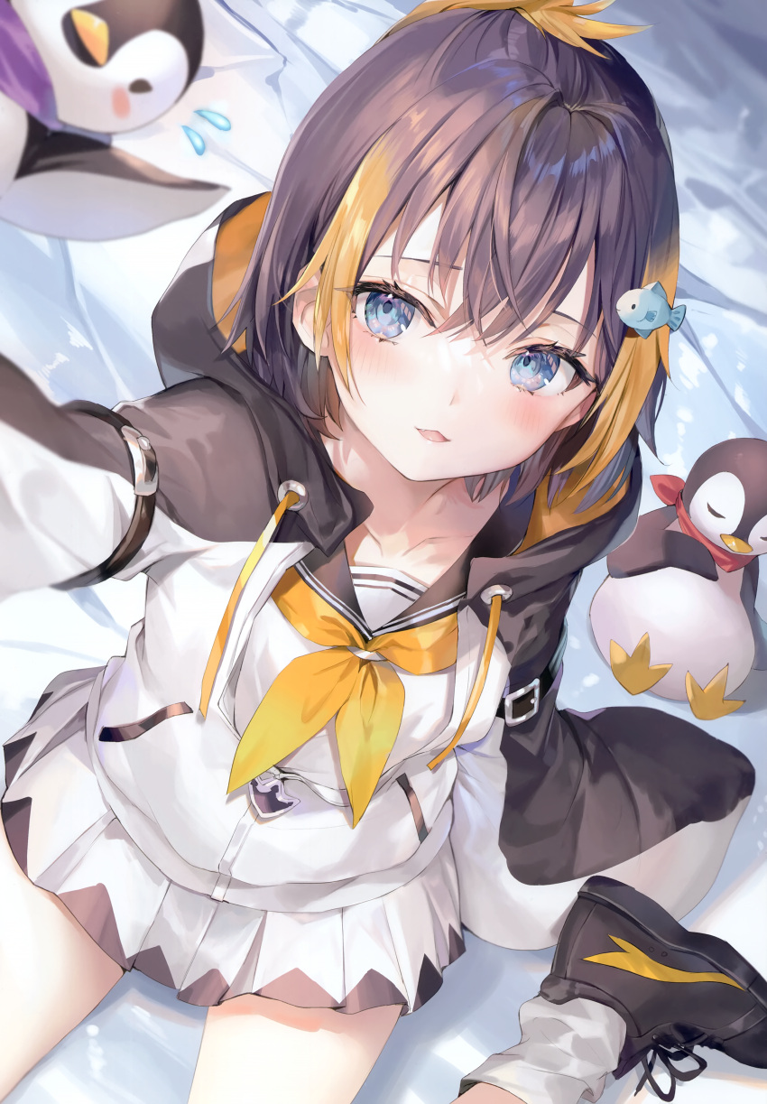 1girl absurdres animal animal_hood arm_belt bird black_hair blue_eyes collarbone fang gradient_hair highres hood hood_down hoodie long_sleeves looking_at_viewer miniskirt momoko_(momopoco) multicolored_hair neckerchief nijisanji nijisanji_en parted_lips penguin penguin_hood pentomo_(petra_gurin) petra_gurin pleated_skirt sailor_collar scan school_uniform selfie serafuku shirt shoes short_hair sitting skirt socks solo streaked_hair virtual_youtuber white_shirt white_skirt white_socks