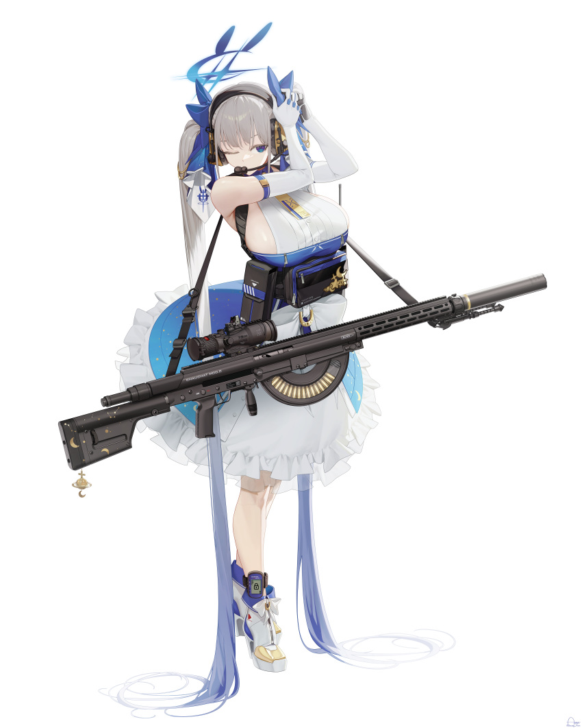 1girl absurdres adjusting_bow adjusting_hair aronman bangs blue_bow blue_dress blue_eyes blue_footwear bow breasts chauchat chauchat_(girls'_frontline) dress frilled_dress frilled_skirt frills grey_hair gun hair_bow hairband highres large_breasts long_hair maid original scope sideboob skirt solo standing strap twintails two-tone_dress two-tone_footwear very_long_hair weapon white_background white_dress white_footwear