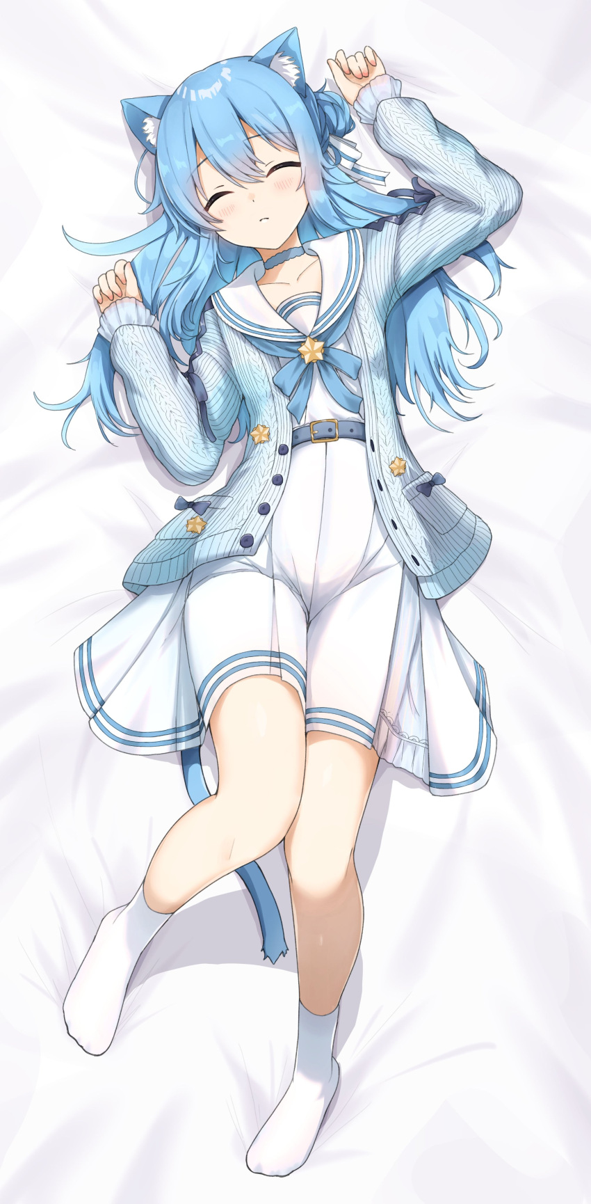 1girl absurdres animal_ear_fluff animal_ears aoto_mei bed_sheet belt blue_cardigan blue_choker blue_hair blush cardigan cat_ears cat_tail choker closed_eyes closed_mouth commission full_body hair_bun highres hololive hoshimachi_suisei knees_together_feet_apart knees_up long_hair long_sleeves no_shoes on_bed open_cardigan open_clothes sailor_collar school_uniform serafuku shirt simple_background single_side_bun skeb_commission skirt socks solo tail virtual_youtuber white_background white_sailor_collar white_shirt white_skirt white_socks