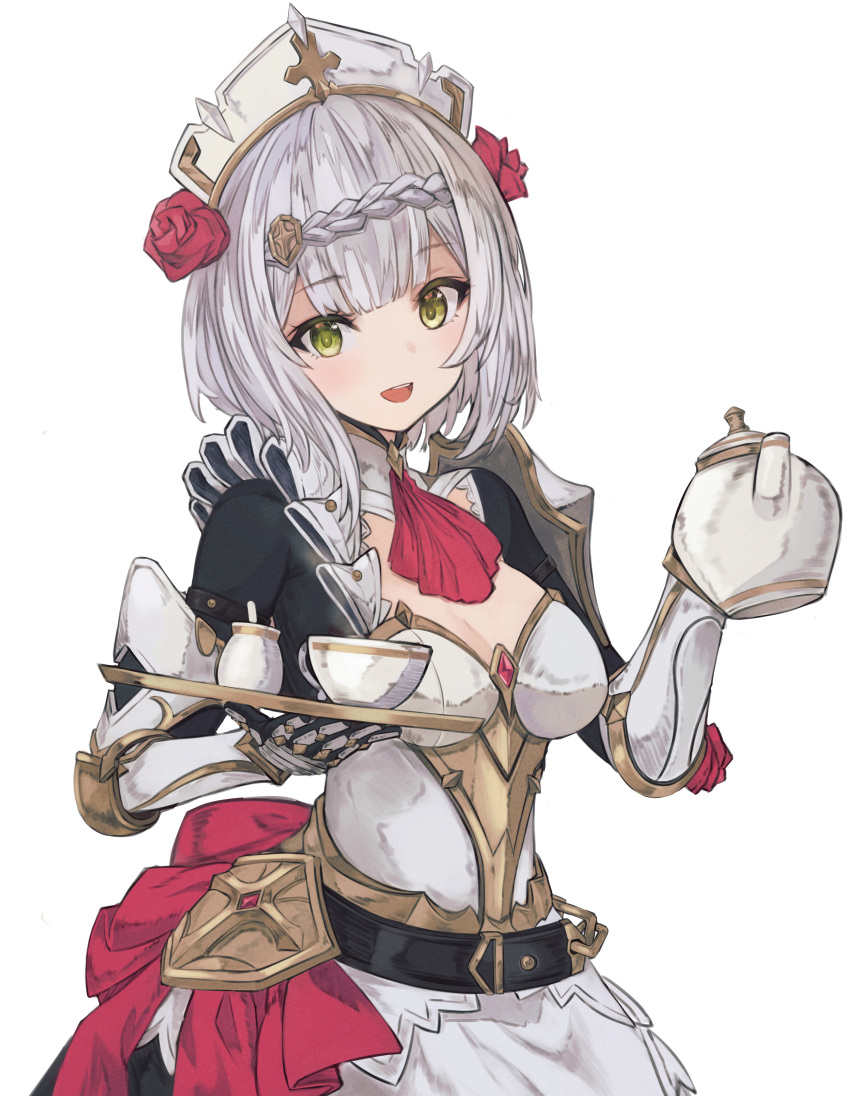 1girl :d absurdres armor armored_dress ascot bangs belt blunt_bangs braid crown_braid cup flower gauntlets genshin_impact green_eyes hair_flower hair_ornament highres holding holding_teapot holding_tray kiukoma looking_at_viewer noelle_(genshin_impact) open_mouth red_ascot rose smile solo teacup teapot tray upper_body white_background white_hair