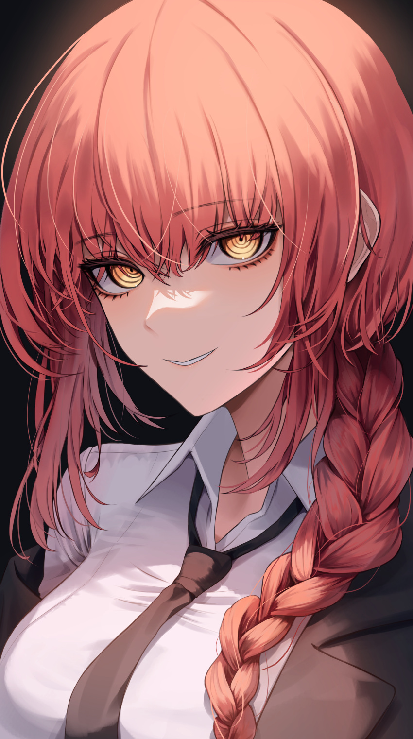 1girl absurdres bangs black_jacket black_necktie braid braided_ponytail breasts chainsaw_man collared_shirt commentary dress_shirt formal highres jacket large_breasts long_hair looking_at_viewer makima_(chainsaw_man) necktie off_shoulder open_clothes open_jacket portrait red_hair ringed_eyes shirt single_braid smile solo suit white_shirt yellow_eyes yoonsol