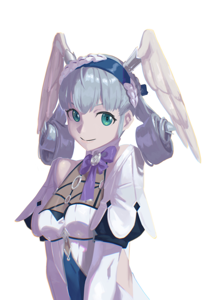 1girl absurdres blue_eyes breasts cape curly_hair dress gloves grey_hair head_wings highres kucheat_zg long_hair looking_at_viewer medium_breasts melia_antiqua o-ring short_dress simple_background smile solo thighhighs xenoblade_chronicles:_future_connected xenoblade_chronicles_(series) xenoblade_chronicles_1