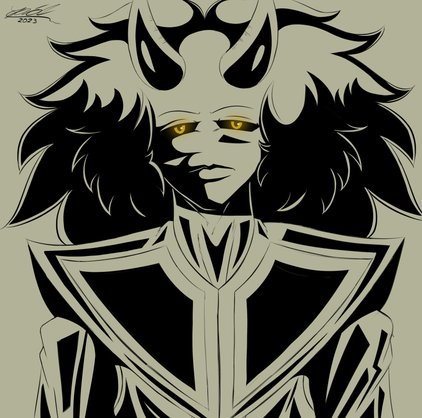absurd_res alien black_sclera clothed clothing deltarune digital_media_(artwork) hair hi_res horn humanoid itisjoidok joid_(itisjoidok) long_hair looking_at_viewer male noseless simple_background solo undertale_(series) yellow_background yellow_eyes
