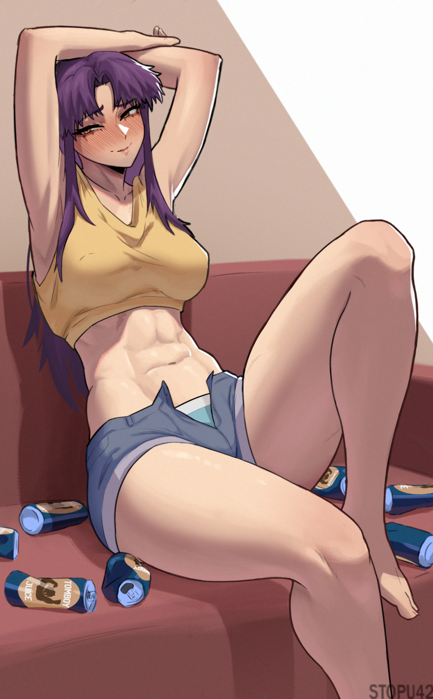 1girl abs armpits arms_up bare_arms bare_legs beer_can blush breasts brown_eyes can couch covered_nipples crop_top denim denim_shorts full-face_blush highres katsuragi_misato large_breasts long_hair looking_at_viewer midriff navel neon_genesis_evangelion open_fly purple_hair shirt short_shorts shorts sitting sleeveless solo stopu stretching thighs yellow_shirt