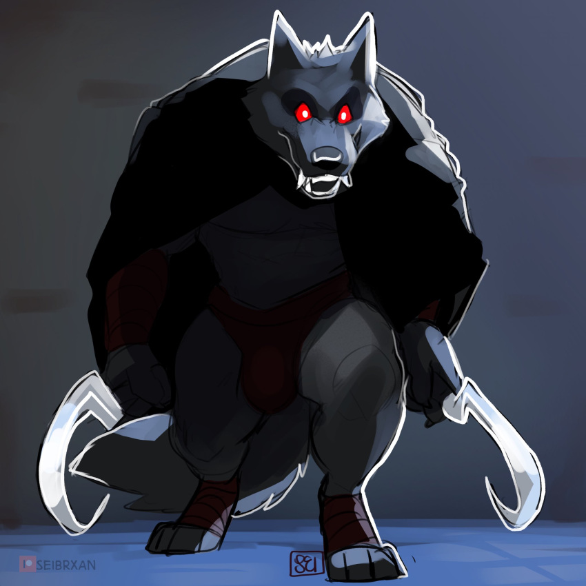 2023 anthro black_nose bulge canid canine canis cloak clothing death_(puss_in_boots) digital_media_(artwork) dual_wielding hi_res holding_object holding_weapon looking_at_viewer male mammal puss_in_boots_the_last_wish seibear sickle solo underwear weapon wolf wrappings