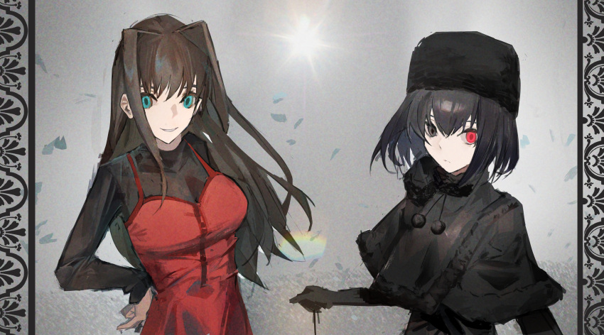 2girls absurdres aozaki_aoko bangs black_dress black_hair black_headwear black_sweater blue_eyes brown_hair capelet dress hand_on_hip heterochromia highres kuonji_alice long_hair looking_at_viewer mahou_tsukai_no_yoru multiple_girls red_dress short_hair sweater translated yaruyan