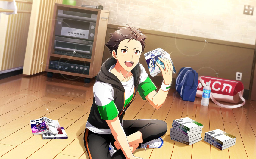 1boy bag black_hair bottle crossed_legs fingerless_gloves fingernails full_body gloves highres holding_manga idolmaster idolmaster_side-m idolmaster_side-m_live_on_stage! indoors kimura_ryu looking_at_viewer male_focus manga_(object) microphone official_art on_floor open_mouth shoes short_sleeves sneakers teeth third-party_source upper_teeth_only water_bottle wooden_floor wristband
