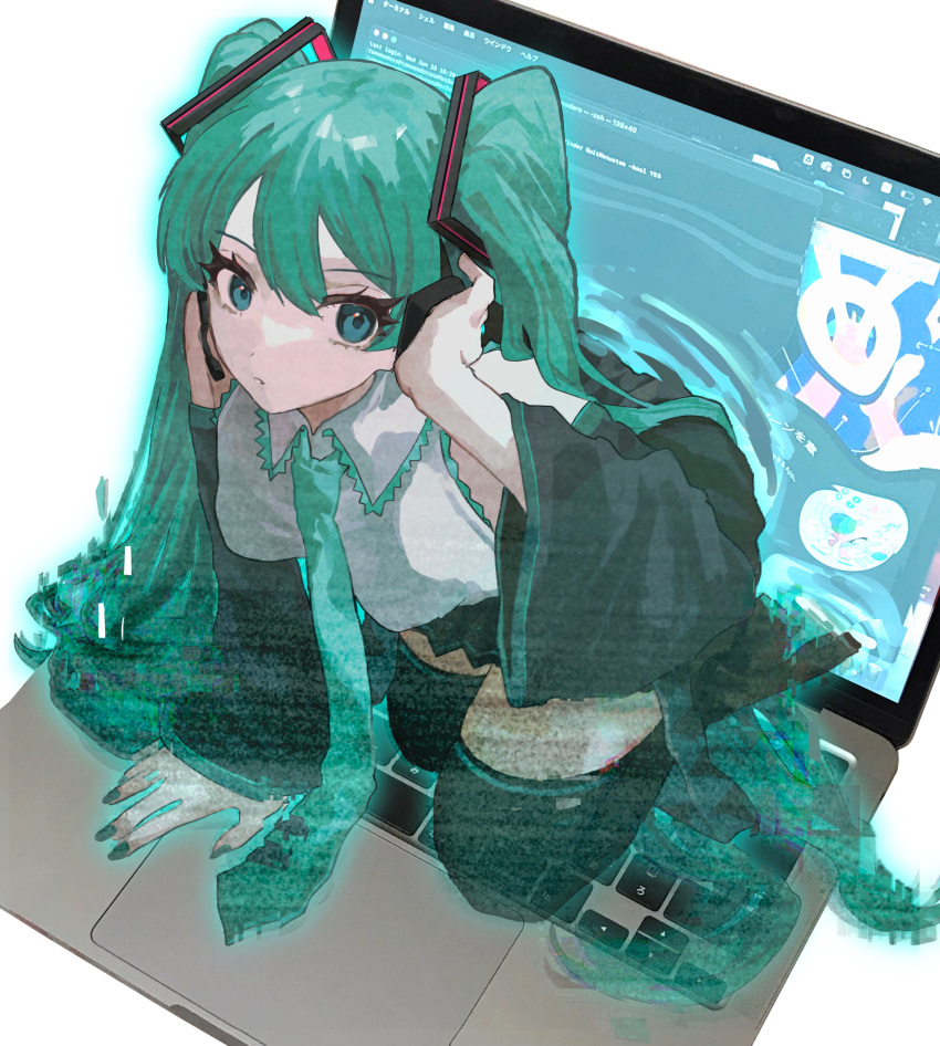 1girl absurdres arm_support black_footwear black_skirt boots breasts collared_shirt computer detached_sleeves green_eyes green_hair green_necktie hatsune_miku headset highres hologram kneeling laptop long_hair looking_at_viewer microphone miniskirt necktie shirt skirt sleeveless sleeveless_shirt small_breasts solo tachibana_wataru_(123tsuki) thigh_boots through_screen twintails very_long_hair vocaloid