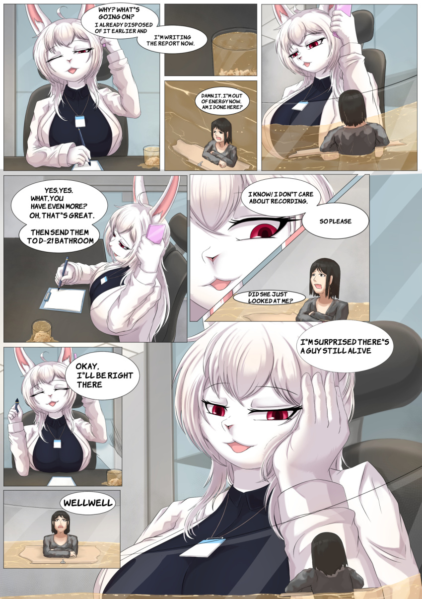 2023 5_fingers anthro clothed clothing comic dialogue digital_media_(artwork) duo english_text eyebrows eyelashes eyes_closed female fingers hair hi_res human lagomorph leporid mammal micro one_eye_closed open_mouth rabbit son2j text white_hair
