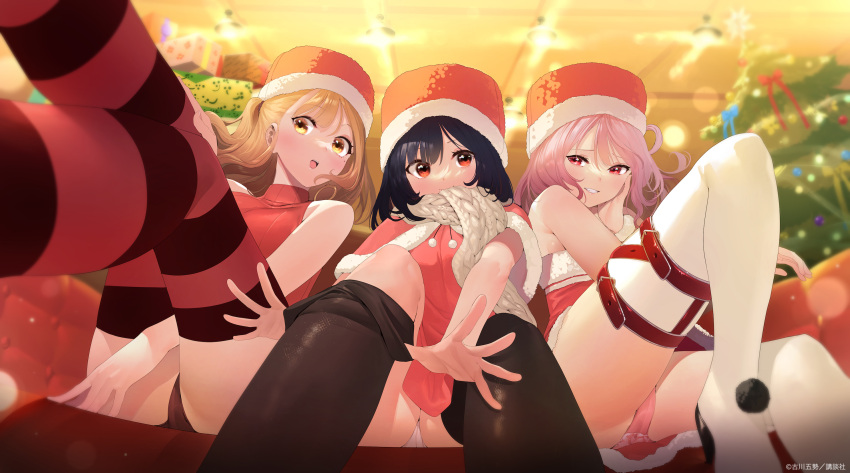 3girls artist_name belt black_hair black_thighhighs blonde_hair brown_eyes cameltoe capelet ceiling_light christmas christmas_present christmas_tree couch from_below fur_trim furukawa_itsuse gift hat highres indoors inu_ni_nattara_suki_na_hito_ni_hirowareta inukai_karen legs long_hair looking_at_viewer multiple_girls nekotani_mike panties pantyshot pink_hair pink_panties red_eyes red_headwear red_thighhighs santa_costume scarf second-party_source sitting smile striped striped_thighhighs thigh_belt thigh_strap thighhighs tsukishiro_usagi underwear undressing white_panties white_thighhighs yellow_eyes