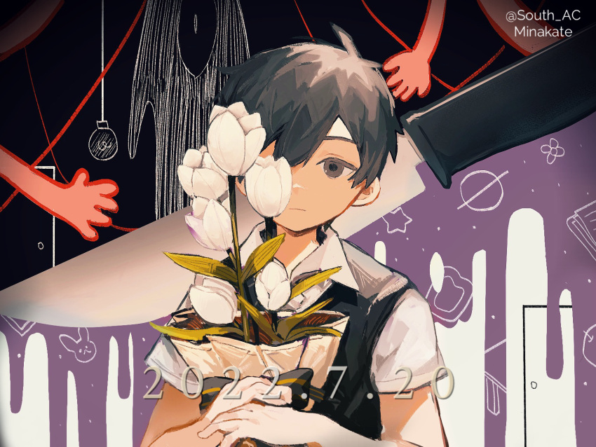 1boy artist_name bangs black_background black_bow black_hair black_vest bow brown_eyes closed_mouth collared_shirt commentary_request dated expressionless flower flower_(symbol) hair_between_eyes highres holding knife light_bulb looking_at_viewer male_focus multicolored_background omori one_eye_covered plant purple_background rabbit shirt short_hair short_sleeves sidelocks something_(omori) south_ac star_(symbol) sunny_(omori) vest white_background white_flower white_shirt wing_collar