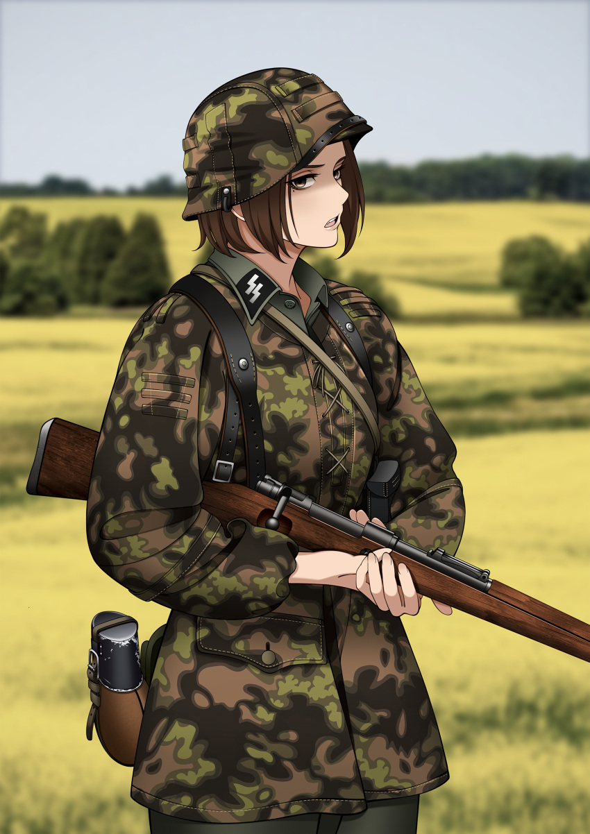 1girl absurdres ammunition_pouch bolt_action brown_eyes brown_hair bush camouflage camouflage_headwear camouflage_jacket canteen chin_strap collar_tabs collared_shirt combat_helmet day english_commentary feldgrau field german_commentary grey_pants grey_shirt gun helmet highres holding holding_gun holding_weapon jacket keiita long_sleeves looking_to_the_side mauser_98 military military_helmet military_jacket military_uniform mixed-language_commentary mole mole_under_eye nazi open_collar open_mouth original outdoors pants pocket pouch rifle shirt short_hair sigrunen solo ss_insignia ss_uniform stahlhelm teeth uniform upper_body upper_teeth_only waffen-ss weapon world_war_ii