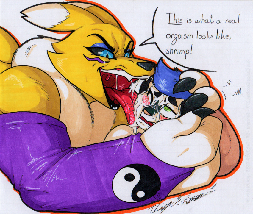 anthro bandai_namco black_sclera bodily_fluids cum digimon digimon_(species) duo face_lick fur genital_fluids girly gynomorph hi_res intersex intersex/male licking male muscular muscular_gynomorph muscular_intersex open_mouth renamon rotten_owl simple_background size_difference smaller_male tongue tongue_out traditional_media_(artwork) tuft white_background white_body white_fur yellow_body yellow_fur