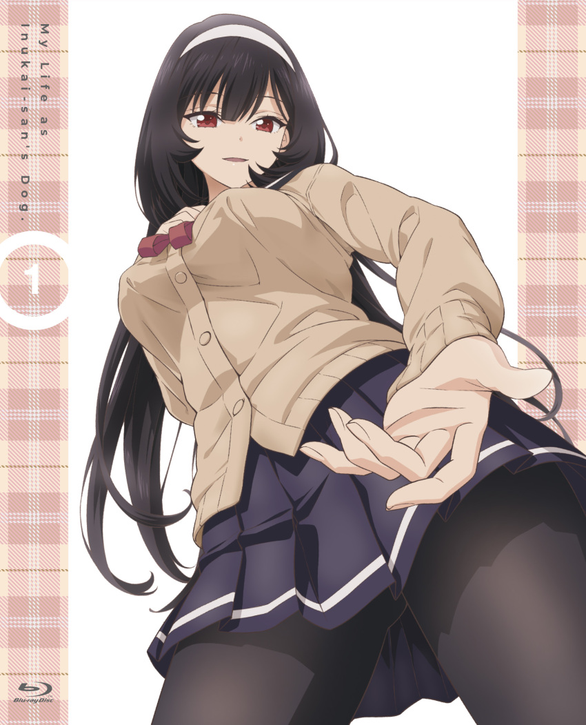 1girl black_hair black_pantyhose blu-ray_cover blue_skirt bow bowtie cardigan copyright_name cover fingernails from_below hairband hand_on_own_chest highres inu_ni_nattara_suki_na_hito_ni_hirowareta inukai_karen long_hair looking_at_viewer miniskirt official_art pantyhose parted_lips pleated_skirt reaching_towards_viewer red_bow red_bowtie red_eyes school_uniform simple_background skirt smile solo