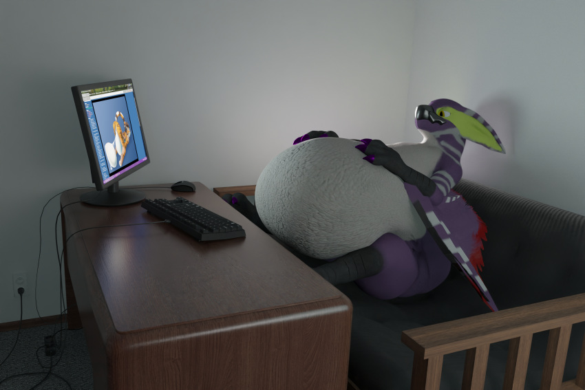 3:2 3d_(artwork) ambiguous_gender anthro beak belly belly_overhang belly_squish big_belly blender_(software) blender_cycles capcom computer computer_keyboard computer_monitor computer_mouse computer_screen desk digital_media_(artwork) dragon e621 flying_wyvern fur furniture futon hi_res looking_at_porn monster_hunter nargacuga nude obese obese_anthro overweight overweight_anthro painted_claws pornography pregnant purple_body purple_fur scalie sitting solo squish table thiccacuga thick_thighs wings wyvern