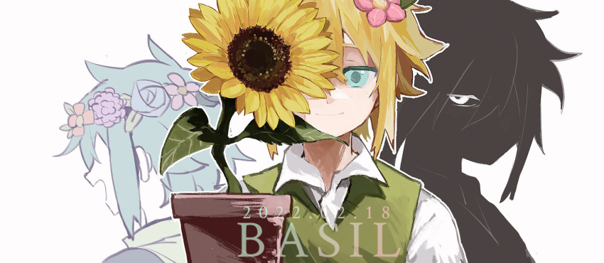 3boys aqua_eyes bangs basil_(omori) blonde_hair character_name closed_mouth collared_shirt commentary_request dark_persona dated eyes_in_shadow facing_away flower flower_pot flower_wreath green_hair green_vest hair_between_eyes hair_flower hair_ornament head_wreath highres holding looking_at_viewer looking_to_the_side male_focus multiple_boys multiple_persona omori one_eye_covered open_mouth pink_flower plant shirt short_hair sidelocks simple_background smile south_ac sunflower vest white_background white_eyes white_shirt yellow_flower