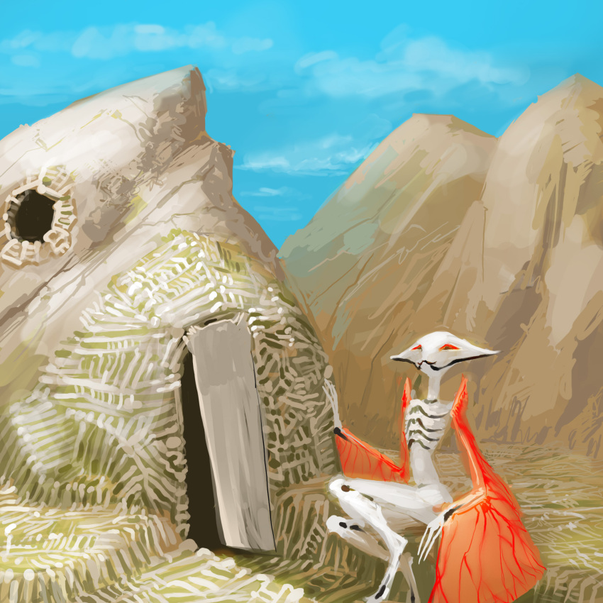 alien ambiguous_gender building door hi_res house humanoid hut looking_at_viewer meandraco rock sitting sky solo white_body white_skin window