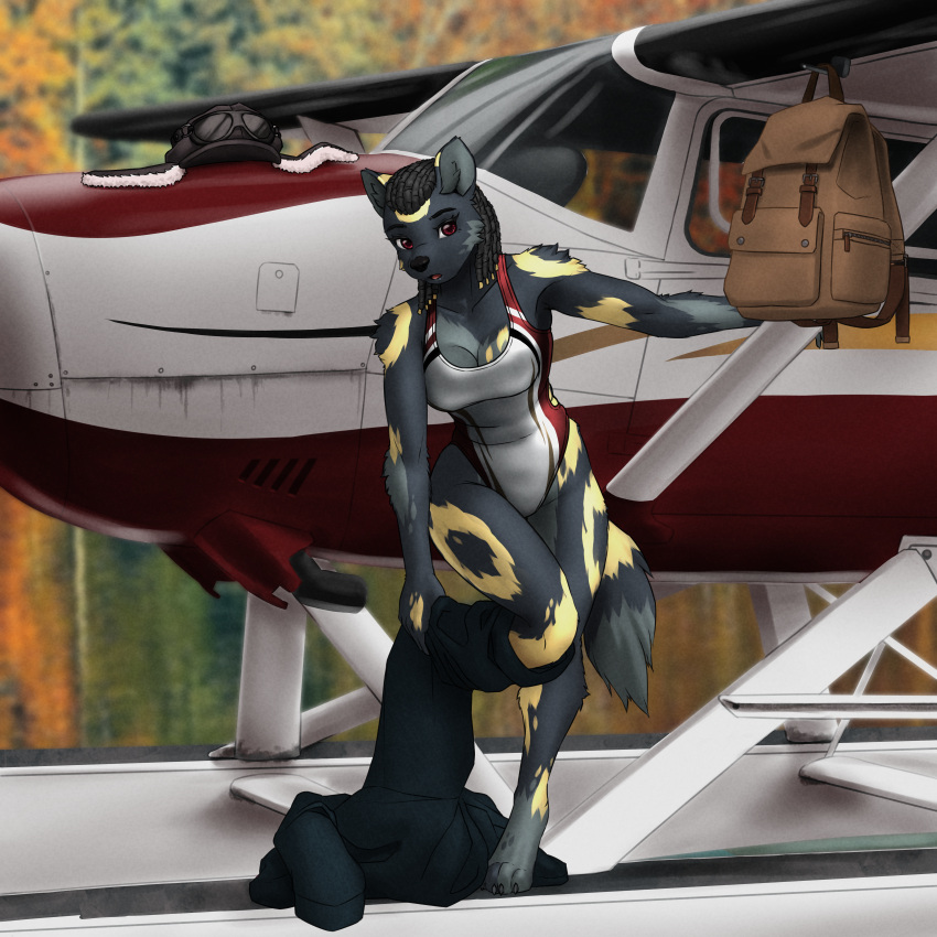 1:1 2023 absurd_res aircraft airplane anthro backpack black_body black_fur breasts canid canine digital_media_(artwork) female fur hair hi_res mammal multicolored_body multicolored_fur mykegreywolf outside solo yellow_body yellow_fur