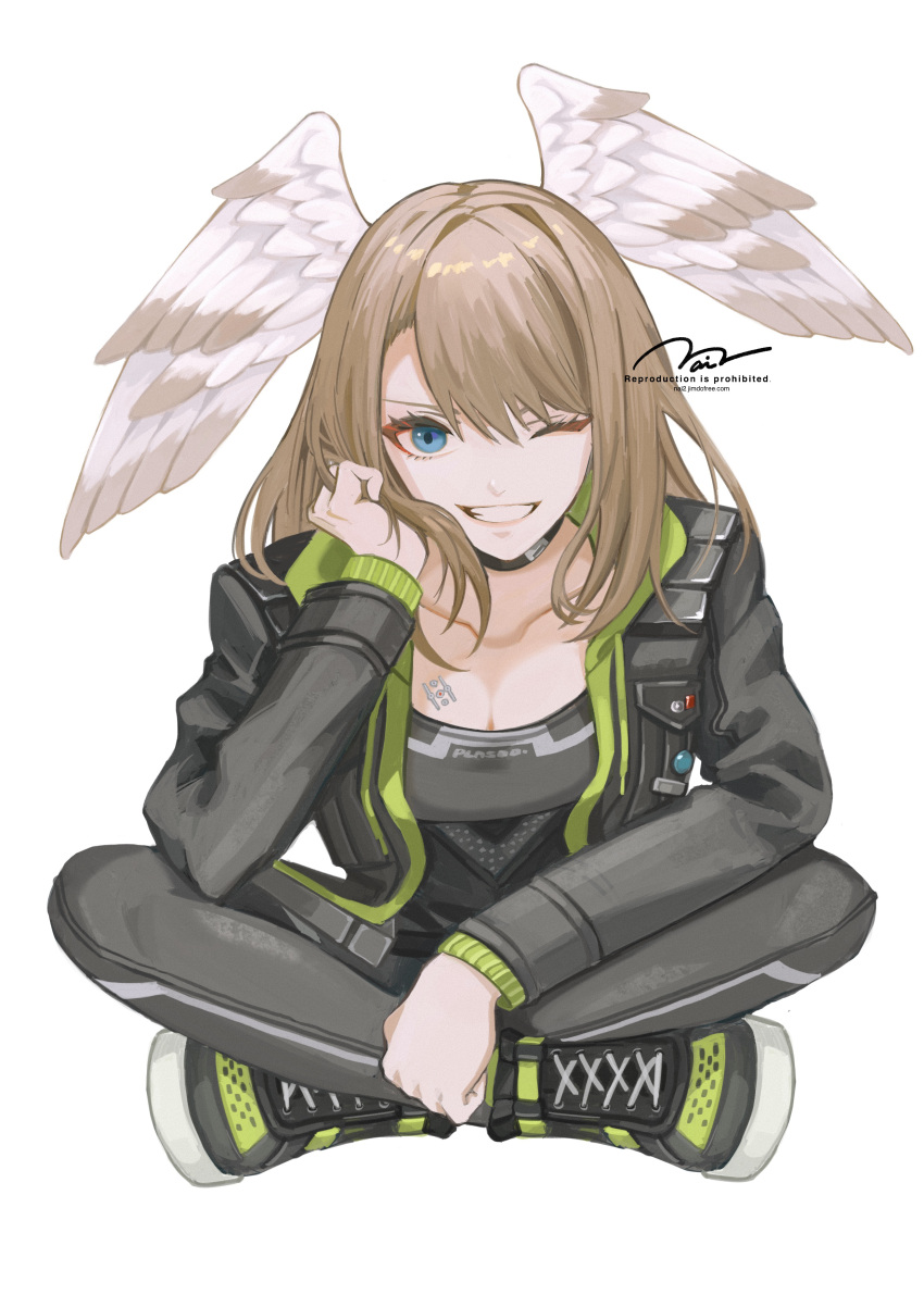 1girl absurdres bangs black_bodysuit black_choker black_jacket blue_eyes bodysuit breast_tattoo breasts brown_hair choker cleavage eunie_(xenoblade) head_wings highres hood jacket large_breasts long_hair looking_at_viewer one_eye_closed open_clothes open_jacket p9_nai smile solo tattoo white_wings wings xenoblade_chronicles_(series) xenoblade_chronicles_3