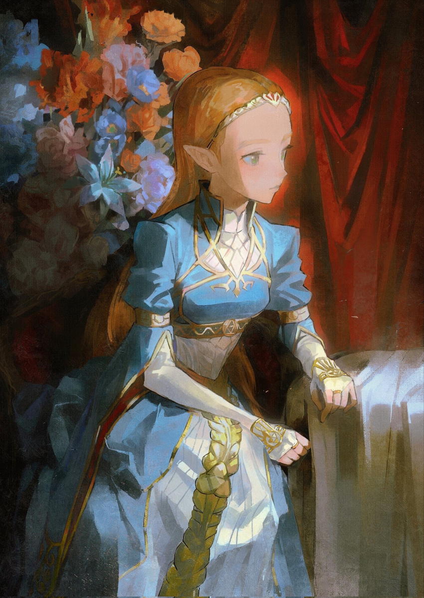 1girl blonde_hair blue_dress braid chair crown_braid curtains dress elbow_on_table flower green_eyes highres long_hair looking_to_the_side naxv15 pointy_ears princess_zelda sitting solo the_legend_of_zelda the_legend_of_zelda:_breath_of_the_wild