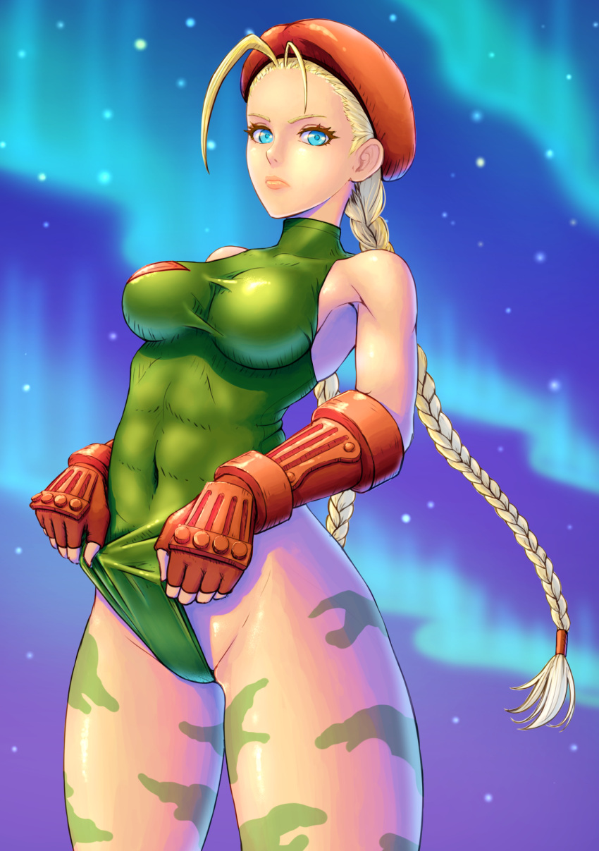 1girl abs adjusting_clothes adjusting_leotard ahoge aurora beret blonde_hair blue_eyes bodypaint braid breasts cammy_white camouflage eyelashes green_leotard hat highleg highleg_leotard highres huge_ahoge impossible_clothes impossible_leotard large_breasts leotard leotard_pull lips looking_at_viewer mitei navel night outdoors scar skin_tight snow street_fighter street_fighter_ii_(series) thick_thighs thighs twin_braids