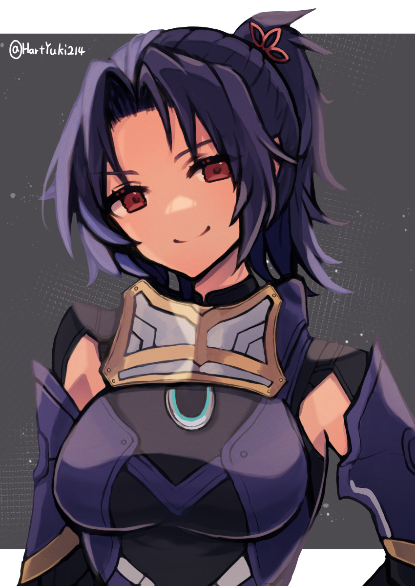 1girl absurdres armor ashera_(xenoblade) black_hair breasts dark-skinned_female dark_skin hair_ornament haruto_yuki highres large_breasts looking_at_viewer ponytail red_eyes shoulder_armor simple_background smile xenoblade_chronicles_(series) xenoblade_chronicles_3